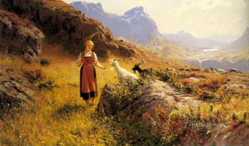Un paysage alpin avec une bergère et des chèvres Peinture à l'huile